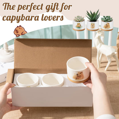Jingmore 3 Pcs Capybara Decor Gift for Women Planter Ceramic Gift Animal Plant Pot with Bamboo Tray for Office Home Farm House Bathroom Kitchen Christmas Decorations (No Plants Included)
