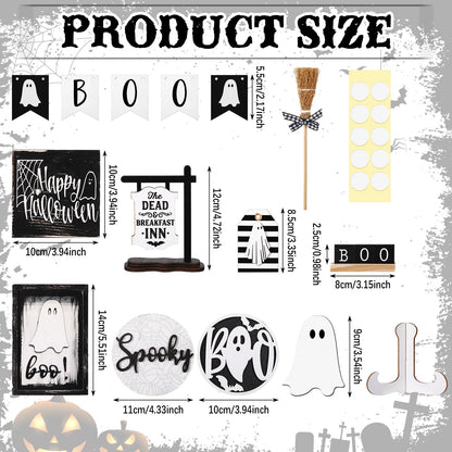Wonderjune 19 Pcs Halloween Ghost Tiered Tray Decor Cute Boo Spooky Tray Decorations Black White Ghost Wooden Signs Mini Witch Broom Farmhouse Rustic Halloween Decorations for Home Table Office Desk