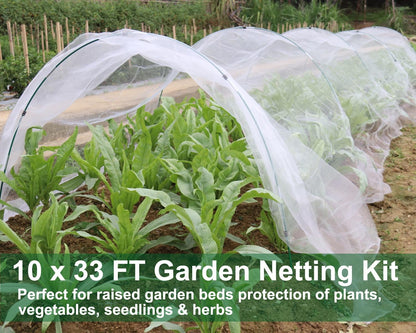 KLEWEE Garden Netting Kit for Raised Beds, 10 x 33 ft Ultra Fine Mesh Netting and 6 Sets Fiberglass Garden Hoops, Garden Bed Row Covers for Plants Vegetables from Animals Barrier Insects Bugs