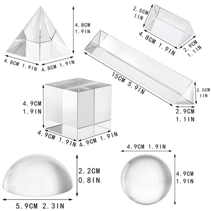 QFkris 6 Pack K9 Optical Crystal Photography Prism Set, Include 50mm Crystal Ball, Cube,Optical Pyramid, 50mm & 150mm Triangular Prism,60mm Dome Magnifying with Cloth for Teaching, Playing