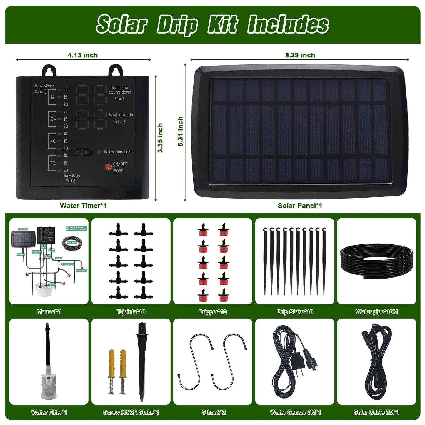 Solar Drip Irrigation System for Garden, Automatic Drip Irrigation Kit with 33FT Tubing, Solar Powered Plant Watering Device for Potted Plants, Vacation, Outdoor No Wiring Needed (10 Pots)