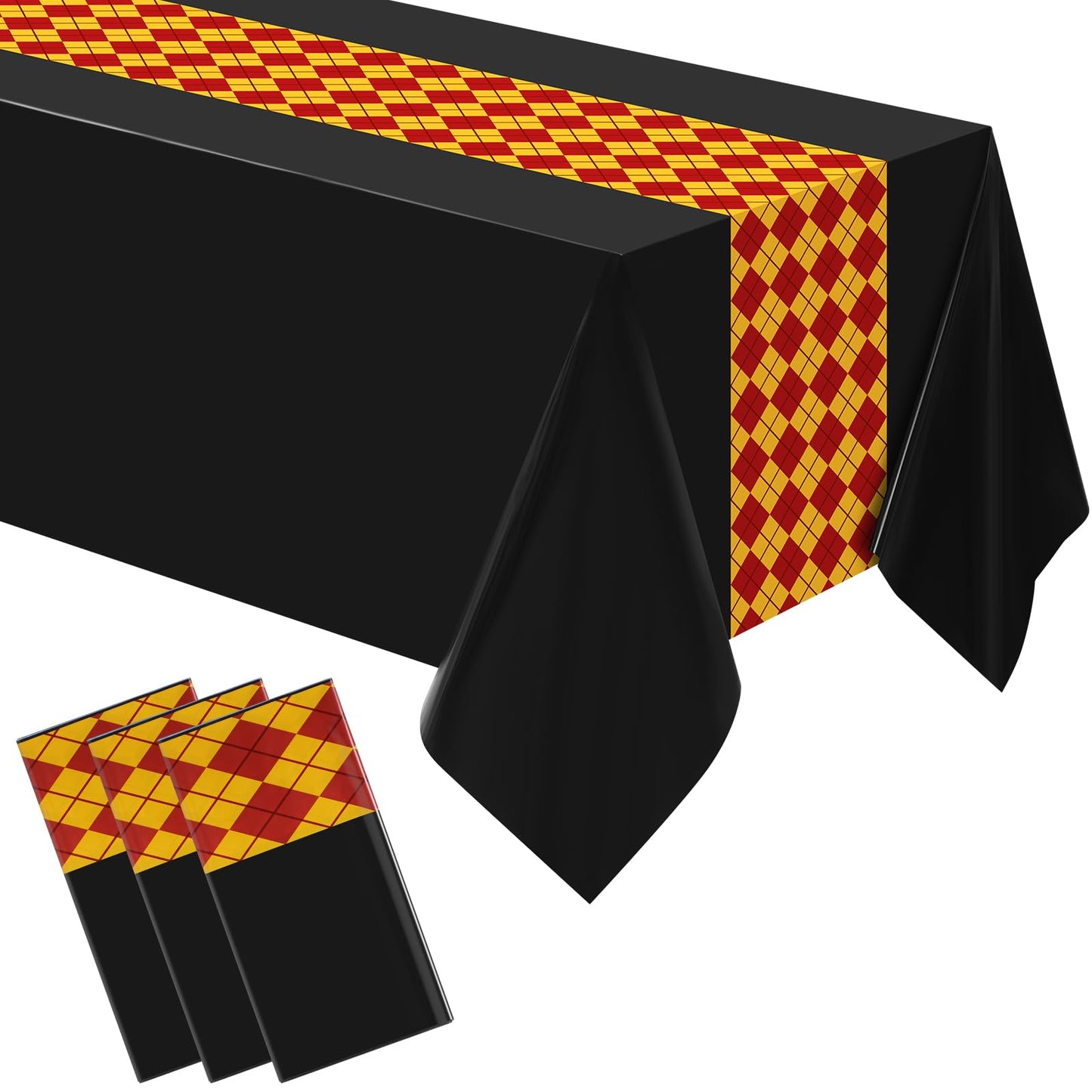 Oudain 3 Pcs 3 Pcs Wizard Tablecloth 54 x 108 Inches Plastic Black Table Cover Red Golden Tablecloth Disposable Magical Party Supplies for Halloween Witch Birthday Party Decoration (Rhombus)