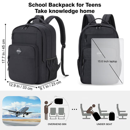 Tzowla School Backpack for Teen Girs and Boys,15.6 Inch Laptop Bookbag for 14-18 Teenage,Lightweight Students Backpacks for College/Campus/High Shool,Water Resistant Casual Daypack(Black)