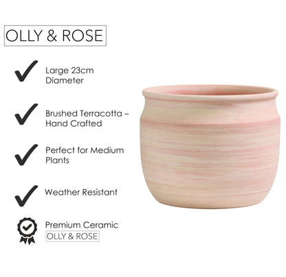 Olly & Rose Large Terracotta Plant Pot Brushed - Ceramic Plant Pot 9 Inch Outdoor and Indoor Flower Planter for Home and Garden