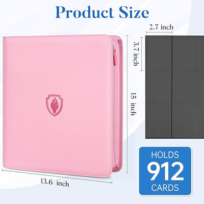 Premium Zip Card Binder 12 Pocket, Fabmaker 912 Pockets Trading Card Binder, PU Zipper Card Collection Album, Sturdy Side-Loading Card Book Holder for Game & Sports Cards, Pink