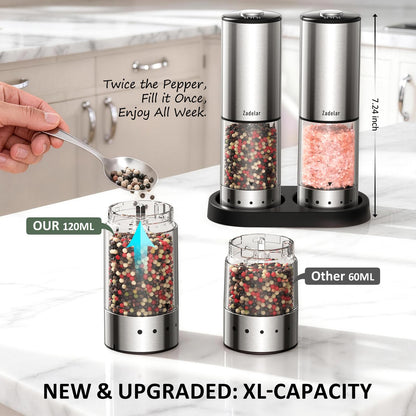 Rechargeable Electric salt and pepper grinder set with Storage Base,Automatic Refillable Salt and Pepper Shakers with LED Display,Upgraded Large Capacity,External Adjustable Coarseness for Mom Gifts