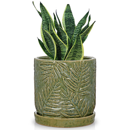 GnFlus 5.5 Inch Ceramic Planter Pots with Drainage Holes, Saucers for Indoor-Outdoor Plants, Succulent Orchid Flower Large Round Plant Pot Green