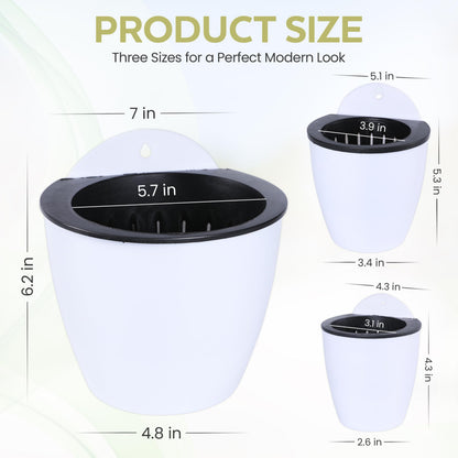 SOOSKSI Self Watering Wall Mounted Planters | Set of 3 White Indoor/Outdoor Hanging Planter with Double Layer Design & Flat Backed for Mounting | Effortless Plant Care & Stylish Wall Pots.