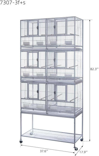 1F/2F/3F Stackable Center Divided Breeder Breeding Bird Flight Double Rolling Cage for Aviaries Canaries Cockatiels Lovebirds Finches Budgies Small Parrots. (Black Vein, 3F)