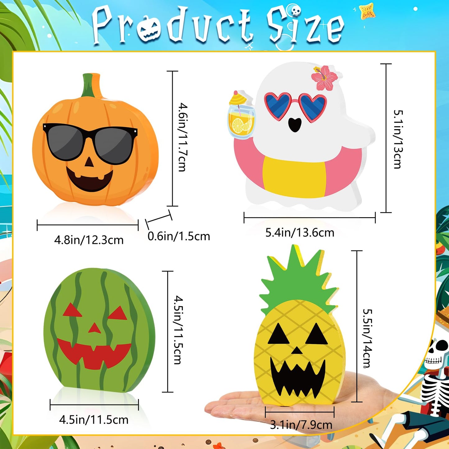 Kathfly 4 Pcs Summer Tiered Tray Decor Tropical Wooden Table Signs Spring Hawaii Ghost Pumpkin Watermelon Pineapple Decorative Trays for Halloween in Summer Shelf Desk Display Party Gifts