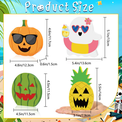 Kathfly 4 Pcs Summer Tiered Tray Decor Tropical Wooden Table Signs Spring Hawaii Ghost Pumpkin Watermelon Pineapple Decorative Trays for Halloween in Summer Shelf Desk Display Party Gifts