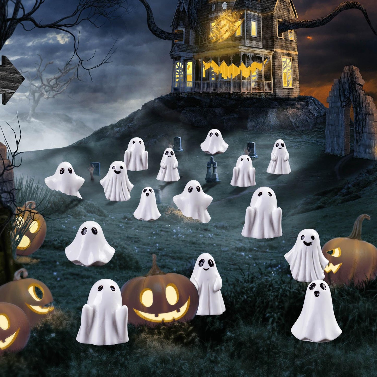 SHIFANQI 60pcs Mini Halloween Ghost Figurines, Small Resin Ghost Statues Miniature Decorations, 6 Styles Cute Spooky Ghost Figures for Tiered Tray Cake Topper Halloween Party Supplies