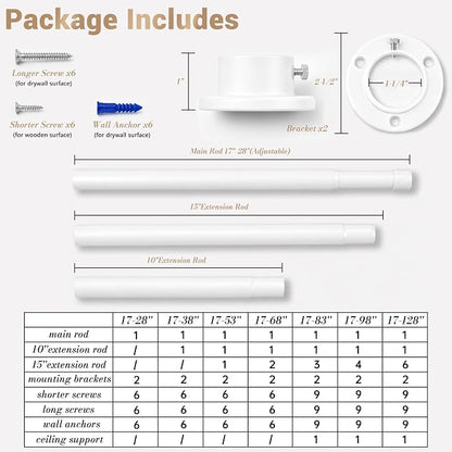 Closet Rod Adjustable 17 to 53 Inch, 1-1/4” Diameter, Closet Rods for Hanging Clothes, Stepless Metal Heavy Duty Hanging Rod for Closet Wardrobes Laundry RV (White)
