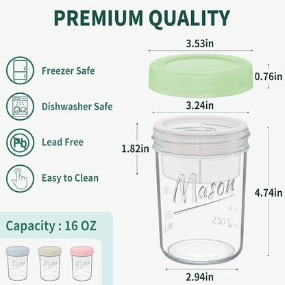 Xyptorix 16 oz Overnight Oats Containers with Lids, 4-Pack Leak-Proof Wide Mouth Mason Jars & Separate Compartments for Fruits/Nuts, Airtight Glass Jars for Chia Pudding, Yogurt, Parfait and Salad