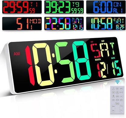 17.2" Large Digital Wall Clock 10 RGB Colors 9 Group Timer Remote Control | Large Display for Living Room Classroom Garage LED Wall Clock with Temperature Date Week Auto DST Gift for Senior Mom Dad
