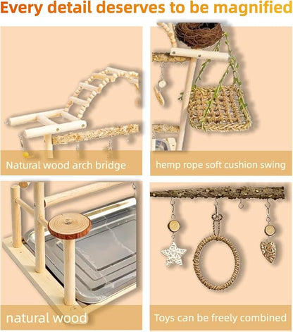 Multi-Level Bird Play Stand with Rope & Bell Toys | Natural Wooden Parrot Play Stand with Ladder & Swing | Ideal for Small to Medium Birds | Great for Cockatiels & Parakeets