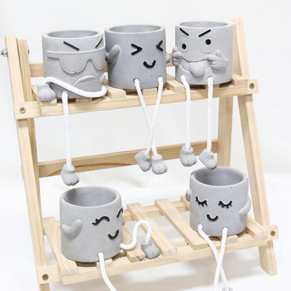Uguisu 1 Piece Gray Cute Smiley Cement Planter, Small Plant Pot, Indoor Succulent Pot, Fun Planter with Hanging Feet for Living Room, Office, Desk and Bathroom Shelf Decor (Plants Not Included).