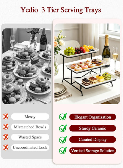 Yedio 3 Tier Serving Trays for Party, Porcelain Serving Platters and Trays, 12 Inch Tiered Tray Stand, Fruit Tray, Trays for Serving Food, White Dessert Stand with Collapsible Sturdier Metal Rack