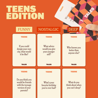 TALES 150 Conversation Cards, Teens Edition, Fun Family Games for Teens, Perfect for Dinners, Road Trips, Classrooms & Game Nights, Gifts & Gatherings, Conversation Starters to Spark Creativity