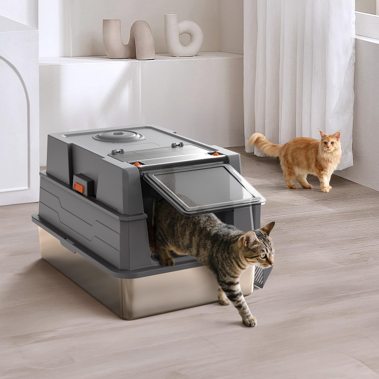 XXXL Stainless Steel Litter Box with Lid,28" L x 20.5" W x 16.5" H Extra Large Cat Litter Box Enclosure for Large and Multi-Cats Families,Non-Sticky, Anti-Leakage, Easy to Clean(Gray)