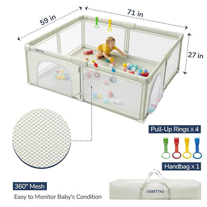 Foldable Baby Playpen, 1-Minute Setup, Lightweight Portable Playpen with Carry Bag, 59"x71" Indoor Outdoor Safty Play Yard for Babies & Toddlers, Beige