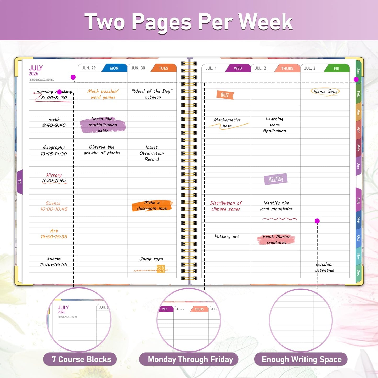 Teacher Planner 2026-2027, Jul 2026-Jun 2027 Academic Year, 8.5" x 11" Lesson Planner Book for Teacher Calendar, Spiral Bound Planners, Colorful Monthly Tabs, Planning Stickers, Flower