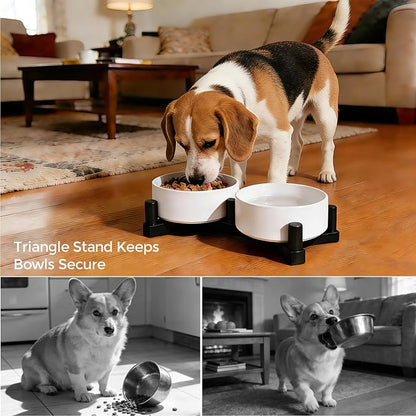Elevated Ceramic Dog Bowls for Small Dogs, Raised Dog Bowl Set with Adjustable Wood Stand, Non-Slip Pet Feeding Station, Food & Water Bowls for Cats & Small Dogs 13.5oz (White)