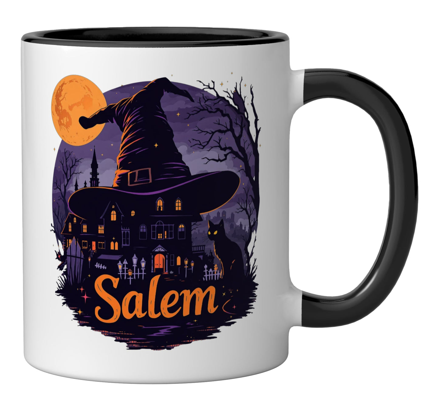 Vintage Salem Massachusetts Halloween Skyline Cityscape Ceramic Mug, Black/White
