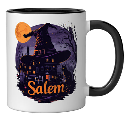 Vintage Salem Massachusetts Halloween Skyline Cityscape Ceramic Mug, Black/White