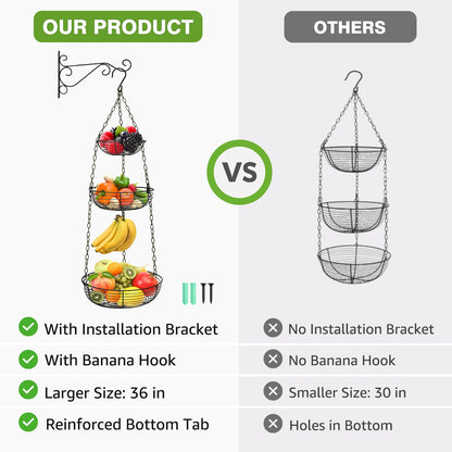HULISEN 3 Tier Hanging Fruit Basket with Banana Hook, 36-Inch Heavy-Duty Wire Hanging Baskets for Kitchen Storage, Vegetable Produce Organizer (Including Installation Bracket)