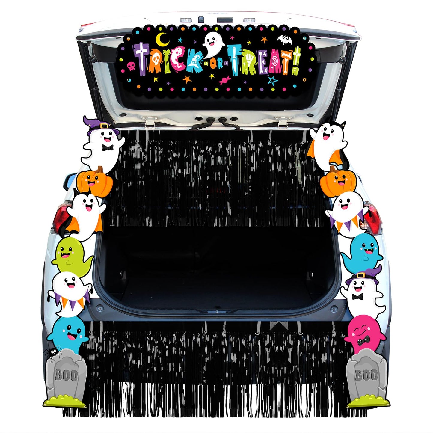 Aperturee Halloween Trunk Or Treat Car Decorations Kit — 70.8x15.5 Inch Banner, Porch Banner, 2x6m Ropes, Rain String Curtains, Durable Oxford Fabric, Fun Halloween & Trick-or-Treat Themes