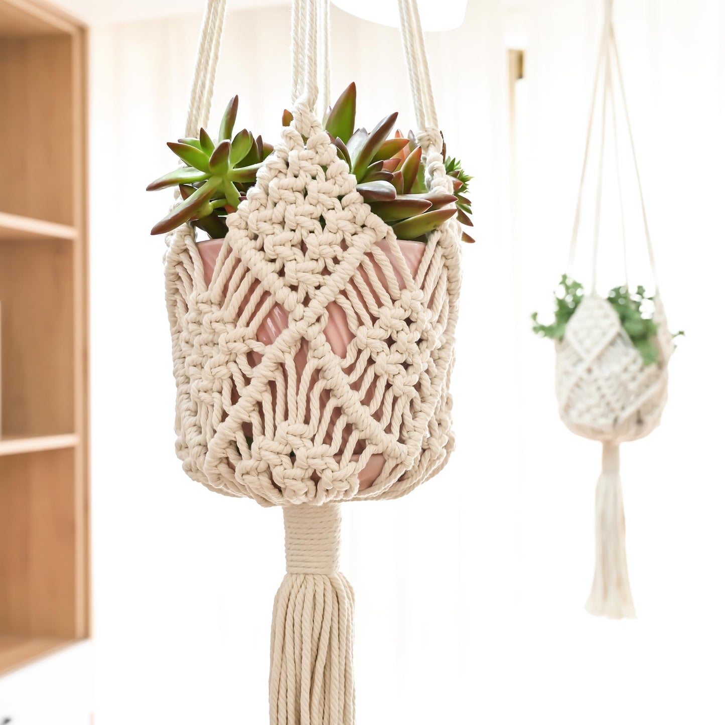 XINBOR Hanging Planter with Patterns,2Packs Macrame Plant Hangers Indoor Macrame for up to 8 inch Pot Crochet Boho Plant Hanger Holder for Indoor Outdoor with 2S Shaped Stainless Steel Hooks (White)