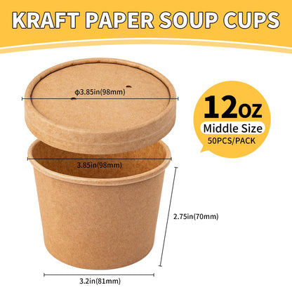 PakTalk 50 Pack Soup Containers with Lids, Disposable and Biodegradable Ice Cream Cups Kraft 12oz Paper Soup Bowls with Lids for Hot Drinking, Food, and Ice Cream (50 sets, 12 oz)