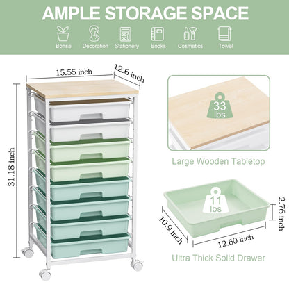 Rolling Storage Utility Cart Organizers with 8 Drawers and Wooden Tabletop for Living Room,Office,Classroom,Craft Room,Bedroom,Dorm,Green