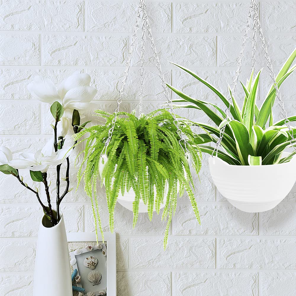 4 Pack 8 inch Hanging Planter Pots,Self-Watering Round Hanging Basket with Water Tray Metal Chain,Succulent Flower Plant Pot Container for Indoor Outdoor Garden Balcony Wall Decor,White