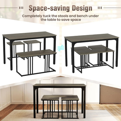 Giantex 4-Piece Dining Table Set for 4, Modern Kitchen Table and Chairs, Nesting Furniture Set with Bench & 2 Stools, Space-Saving Desk Set, Dinette Set for Small Place, Dining Room Restaurant (Grey)