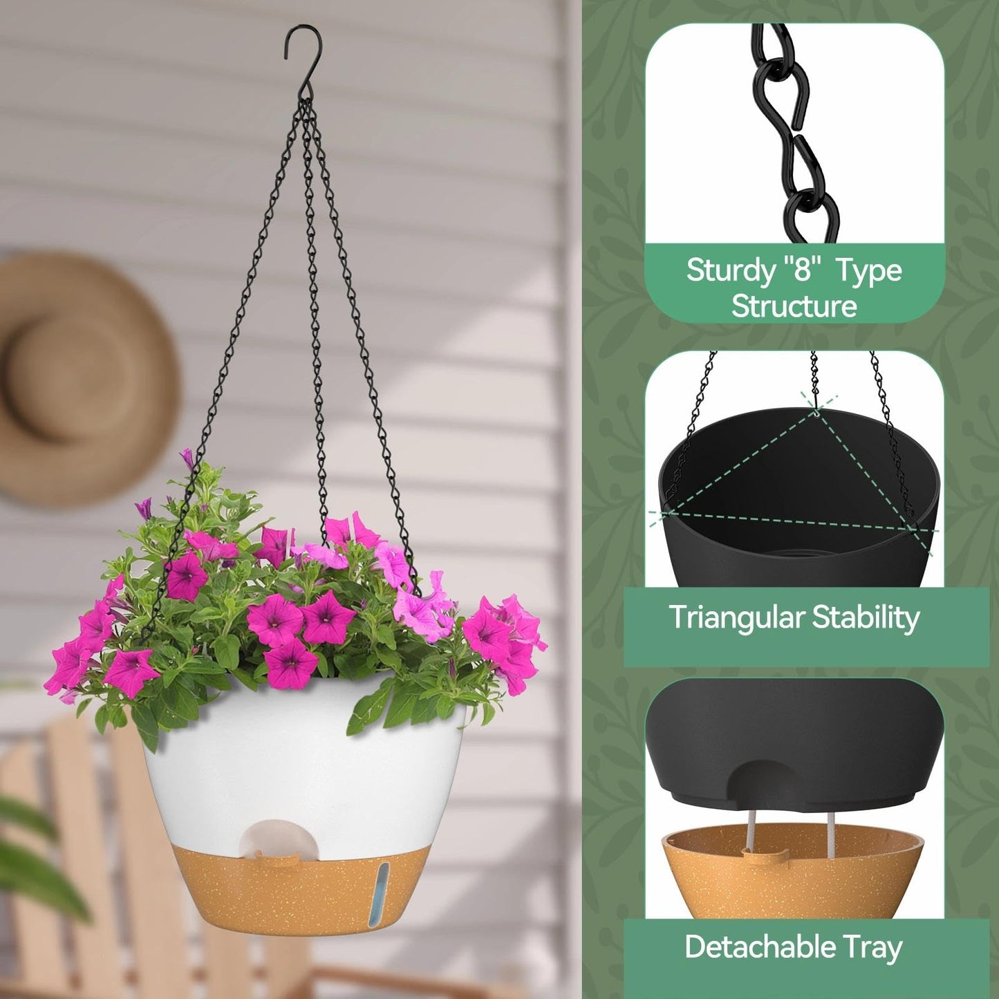 ZMTECH 12 Inch Large Self Watering Hanging Planters for Indoor Outdoor Plants - Water Level Indicator & Removable 60 Oz Reservoir, 1 Pack Plastic Hanging Basket for Window Porch Garden Balcony, White