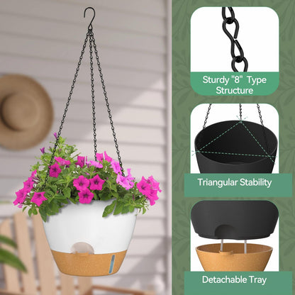 ZMTECH 12 Inch Large Self Watering Hanging Planters for Indoor Outdoor Plants - Water Level Indicator & Removable 60 Oz Reservoir, 1 Pack Plastic Hanging Basket for Window Porch Garden Balcony, White