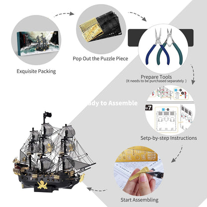 Piececool 3D Puzzles for Adults, Black Pearl Pirate Ship Metal Model Kits, 3D Watercraft Model Building Kit, DIY Craft Kits for Family Time, Great Christmas Gifts, 307Pcs
