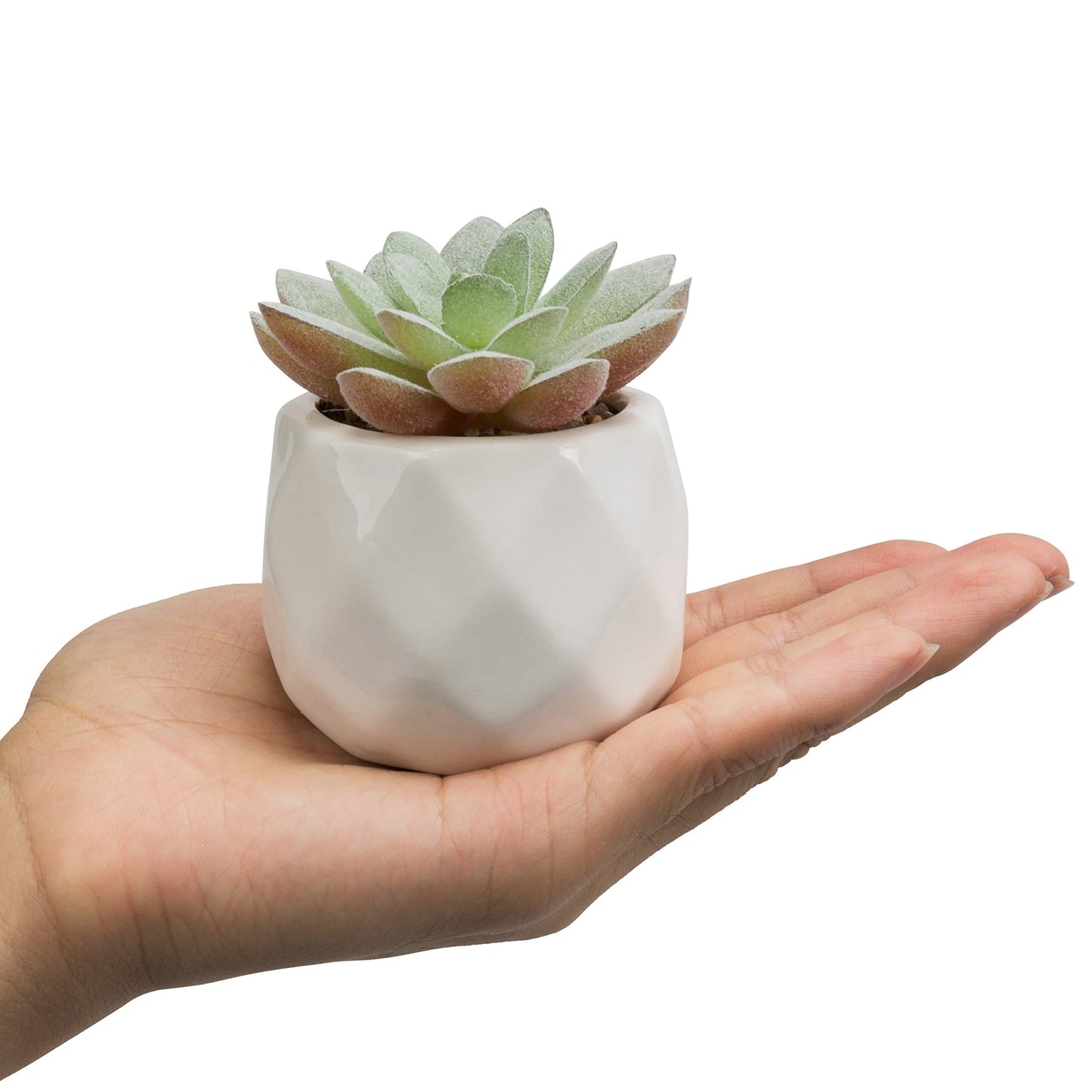 MyGift Mini Assorted Green Faux Succulent, Indoor Fake Plants in Geometric Ceramic Pots, Set of 6