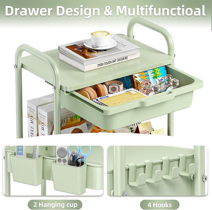 3 Tier Metal Rolling Utility Cart with Drawer & Lockable Wheels - Heavy Duty Multifunctional Storage Organizer with 2 Cups and 4 Hooks for Bathroom, Kitchen, Snack, Craft, Makeup, Baby Essentials