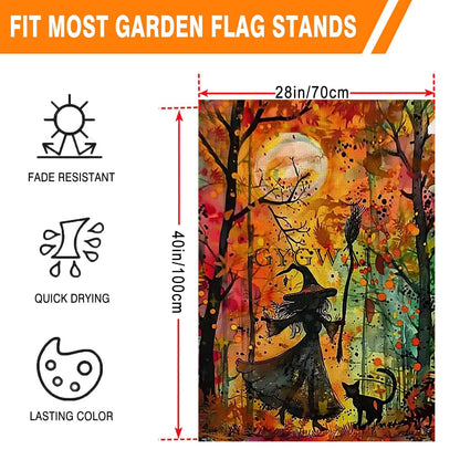 Halloween Witch Cat House Flag 28x40 Inch Double Sided Outside, Halloween Yard Flag for Fall Holiday Outdoor Decorations