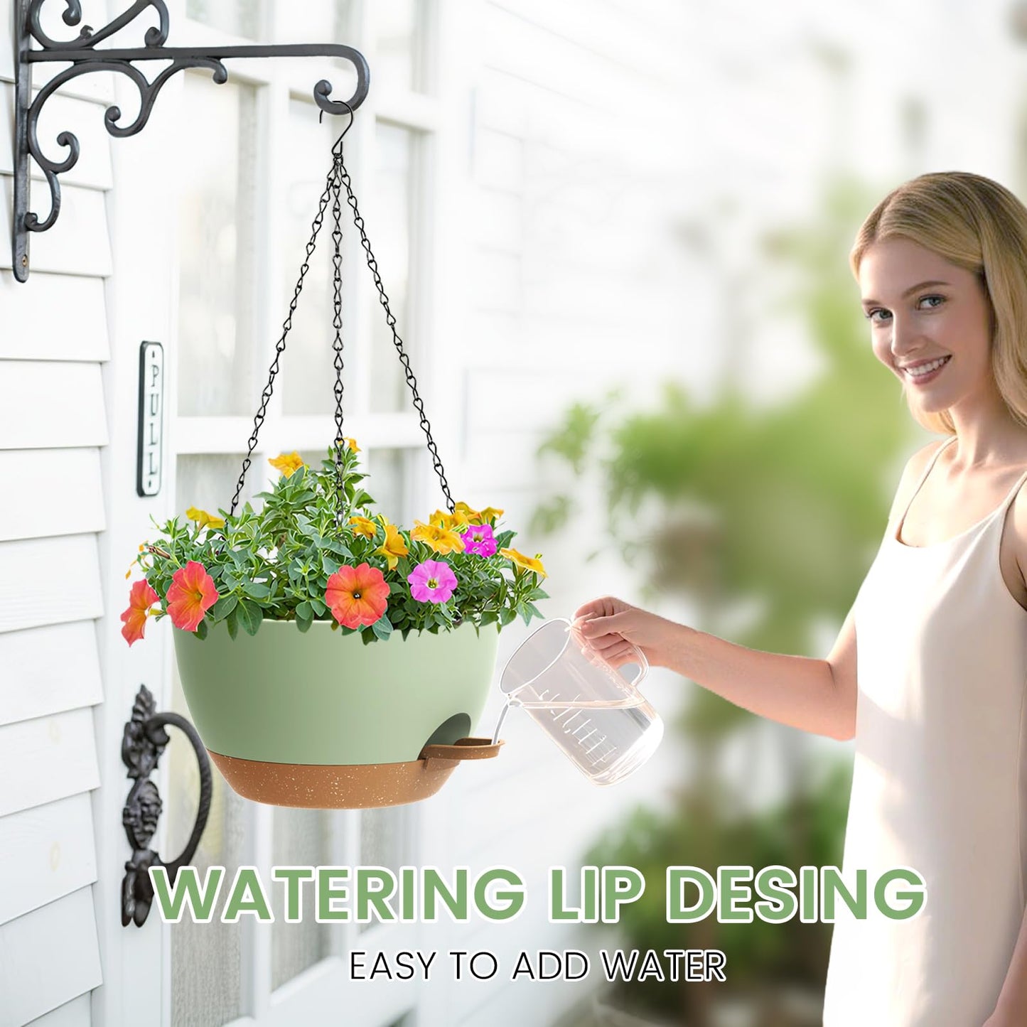 2 Pack 12 Hanging Flower Pots with Chains Self Watering Plastic Planters for Indoor Outdoor Plants, Sturdy Triangular Iron Chain Design for Garden PorchPlastic hanging flower pots (2, Green Brown)