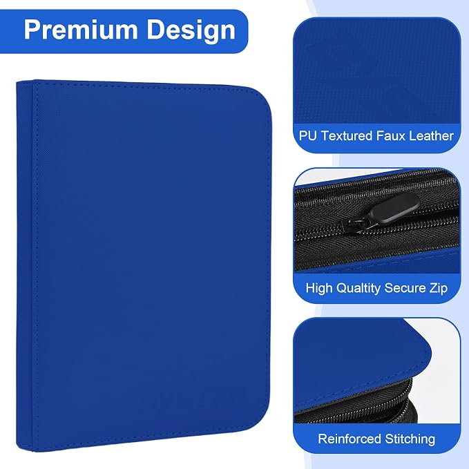 BYSTER 4 Pocket Card Binder, Premium PU Trading Card Binder with Zipper, 160 Capacity Side-Loading Binder for TCG, MTG, Sports Cards, Game Cards, Blue