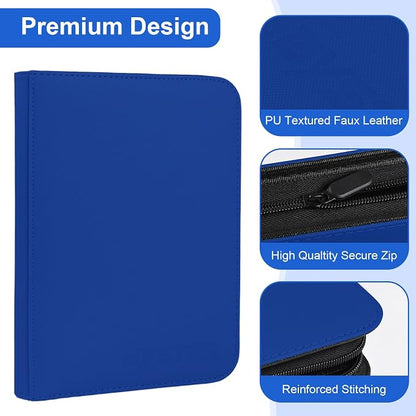BYSTER 4 Pocket Card Binder, Premium PU Trading Card Binder with Zipper, 160 Capacity Side-Loading Binder for TCG, MTG, Sports Cards, Game Cards, Blue