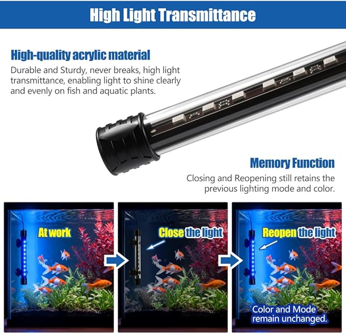 LED Aquarium Light with IP68 Waterproof and Memory Function Submersible Fish Tank Light with Remote and 16 Colors 15 Inches Brightness Adjustable Underwater Light Bar for Fish Tank Aquarium