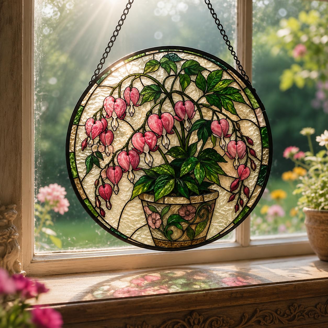 Stained Glass Window Hanging Sun Catcher Stained Glass Kit Style Pink Bleeding Heart Potted Floral Round Panel for Indoor Window Wall Garden Decor Gift