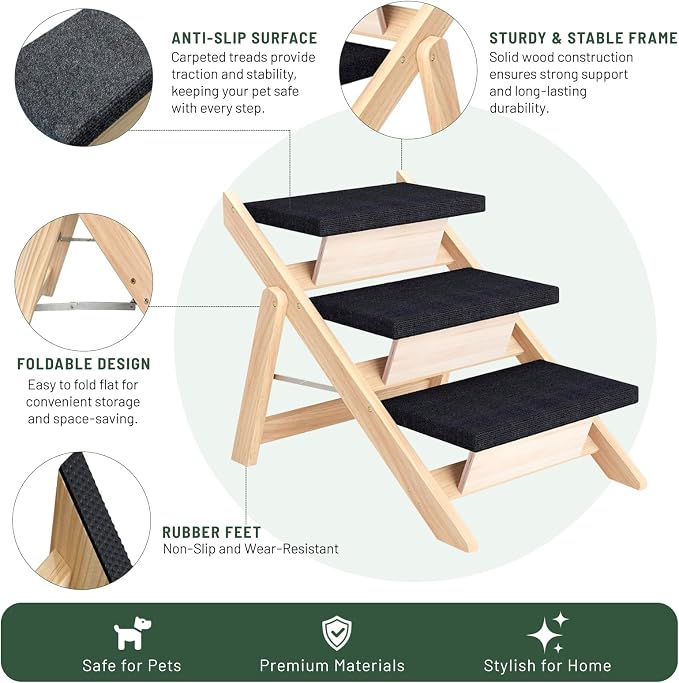 Dog Stairs/Ramp for Bed, Wooden 2-in-1 Foldable Pet Stairs & Ramp, Portable Dog Ladder Up to 180 Pound for Elderly/Short-Legged Dogs, 3 Steps for Beds, Couch