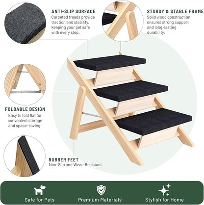 Dog Stairs/Ramp for Bed, Wooden 2-in-1 Foldable Pet Stairs & Ramp, Portable Dog Ladder Up to 180 Pound for Elderly/Short-Legged Dogs, 3 Steps for Beds, Couch