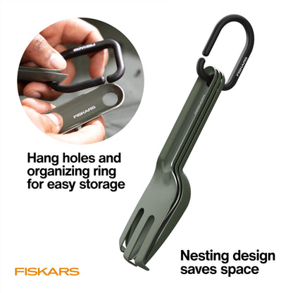 Fiskars 5-Piece Plant Cultivating Tool Set, Nesting Trowel, Soil Scoop, Cultivator, Tongs & Brush for Indoor Gardening, Stainless Steel w/Green Powder Coat Finish, Space Saving Design for Houseplants